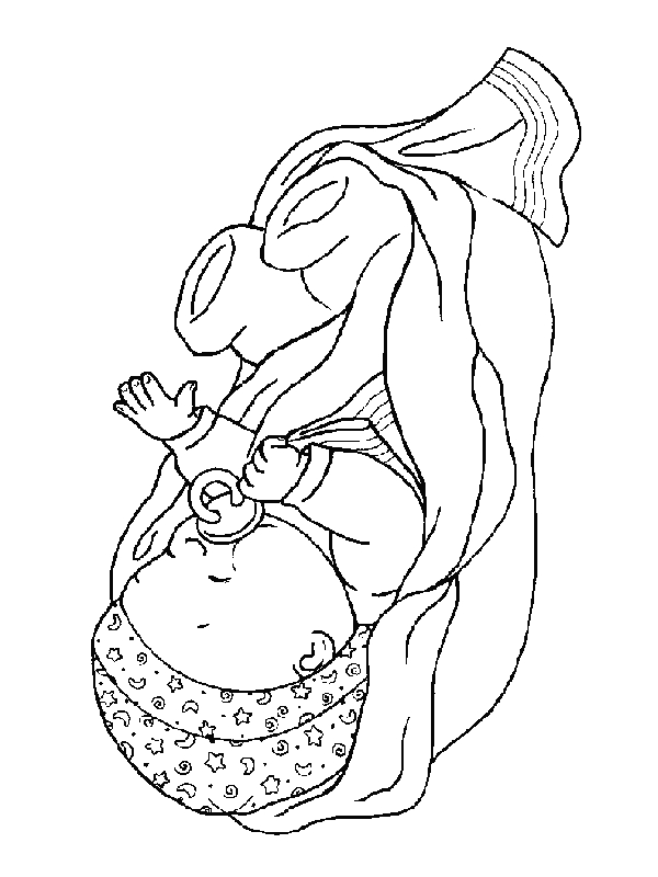 Un coloriage de naissance avec un bébé et des éléments festifs