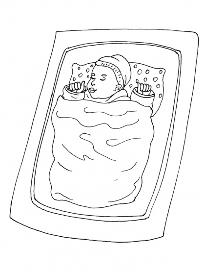 Coloriage d'une naissance avec un bébé dans un berceau entouré de douceur