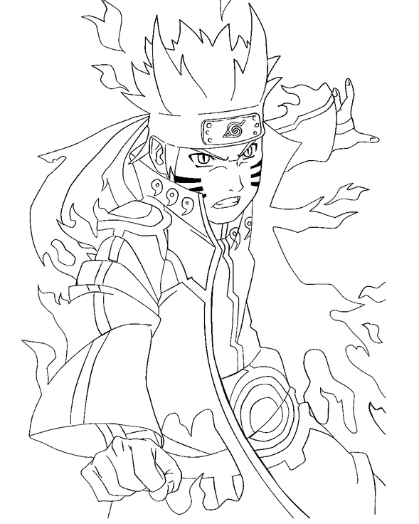 Coloriage de Naruto en pleine action avec le vent dans les cheveux