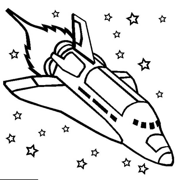 Coloriage d'une navette spatiale en plein vol avec des étoiles en arrière-plan