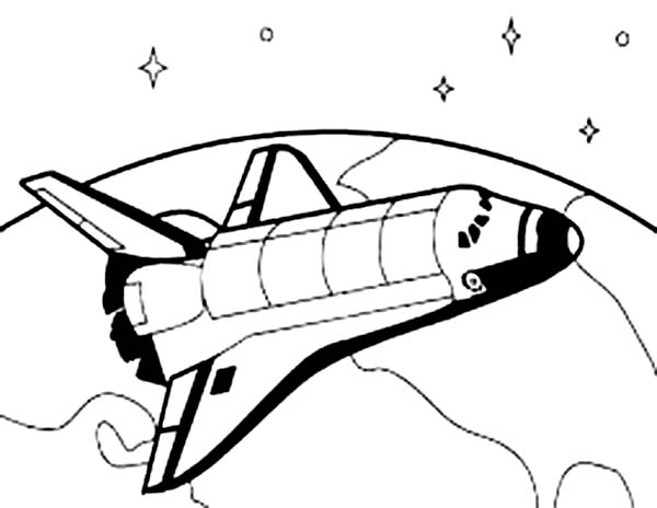 Coloriage d'une navette spatiale en plein vol avec des étoiles