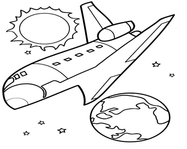 Coloriage d'une navette spatiale en plein vol avec un décor céleste