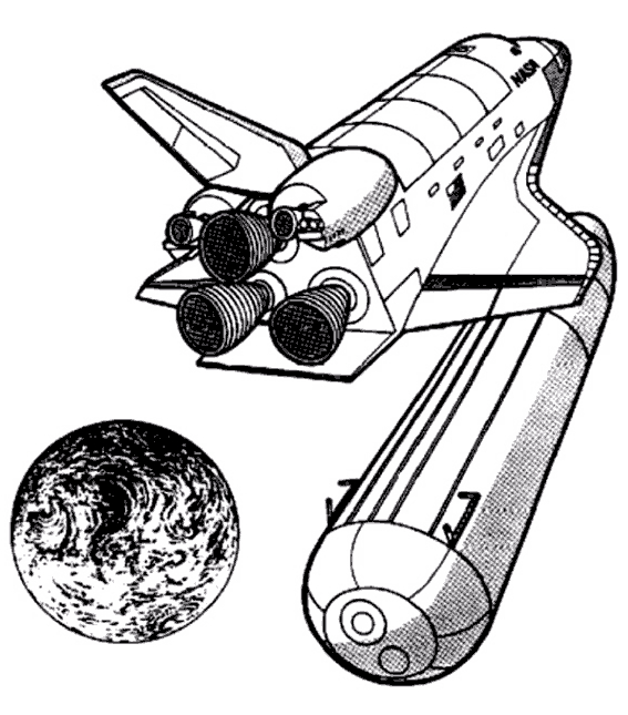 Coloriage d'une navette spatiale en plein vol avec des étoiles en arrière-plan