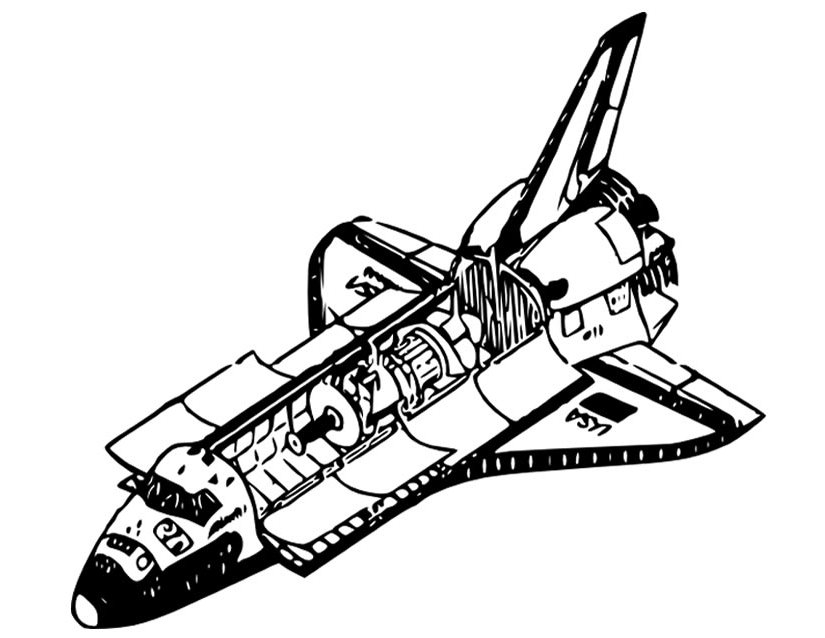 Coloriage d'une navette spatiale en plein vol avec étoiles en arrière-plan