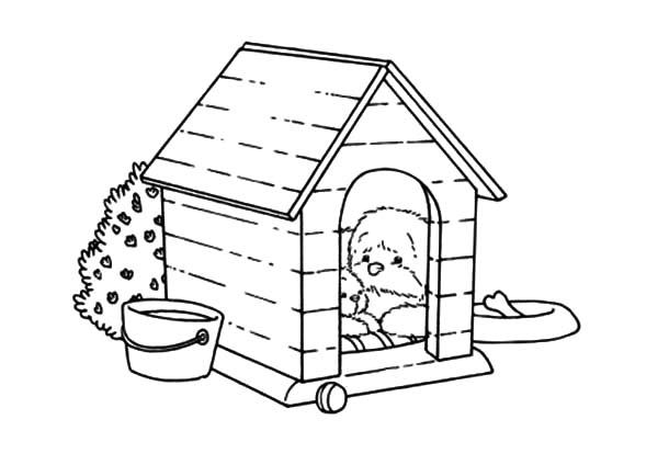 Coloriage d'une niche à chien dans un jardin