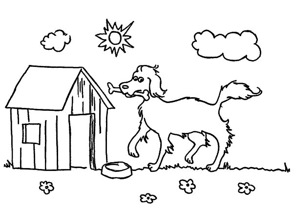 Coloriage d'une niche à chien avec un décor extérieur