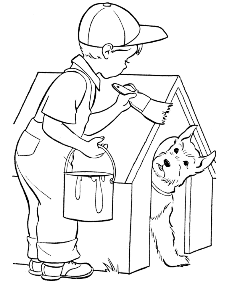 Coloriage d'une niche à chien dans un jardin