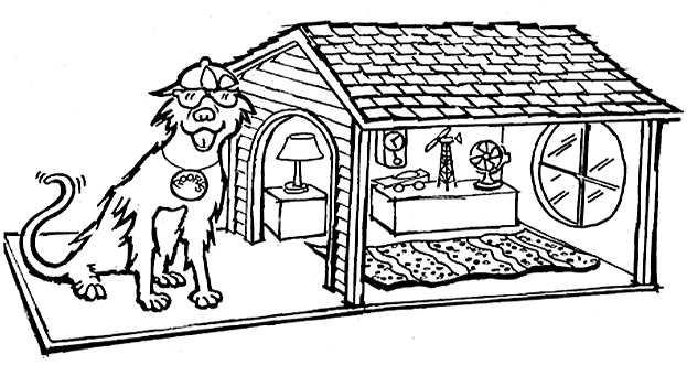 Coloriage d'une niche à chien dans un jardin