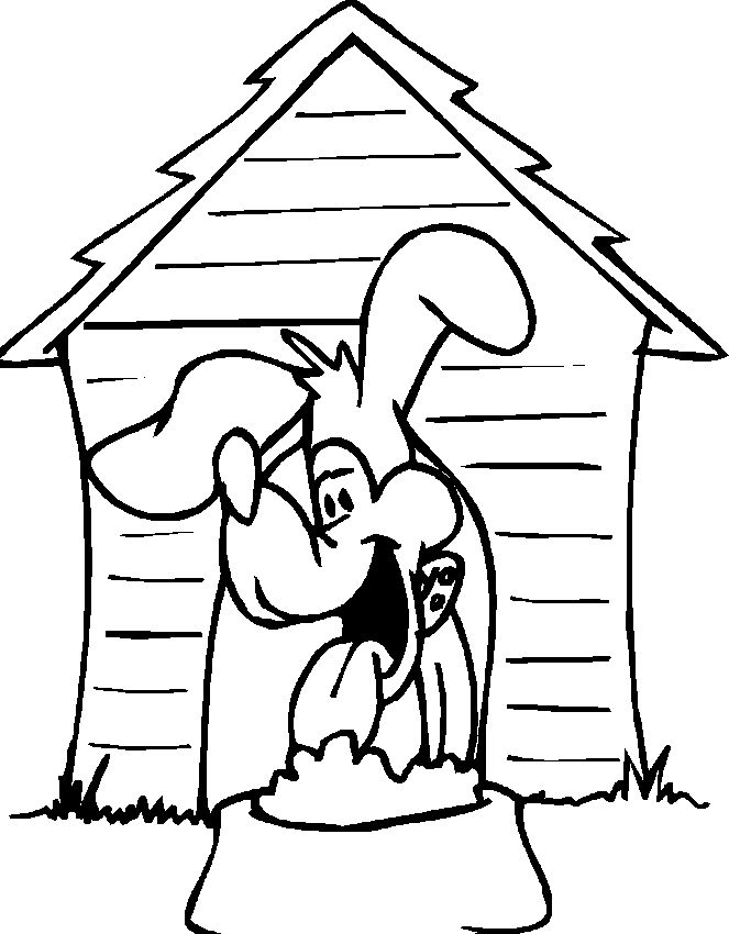 Coloriage d'une niche à chien entourée de verdure
