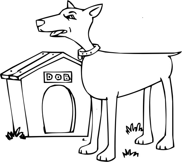 Un coloriage d'une niche à chien dans un jardin accueillant