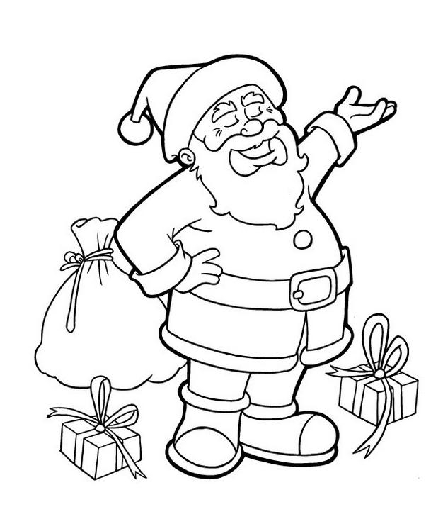 Coloriage d'un père Noël joyeux entouré de cadeaux et de décorations de Noël