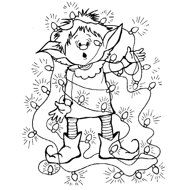 Coloriage de Noël avec un sapin, des cadeaux et des personnages joyeux