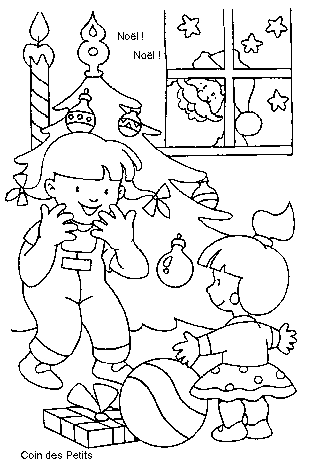 Coloriage de Noël : un sapin décoré entouré de cadeaux
