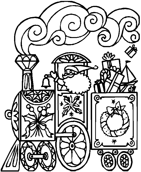 Coloriage de Noël avec un père Noël joyeux entouré d'un sapin et de cadeaux
