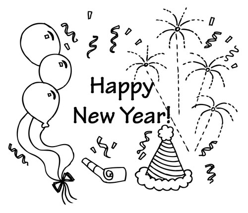 Coloriage d'une célébration du Nouvel An avec des feux d'artifice et des décorations festives