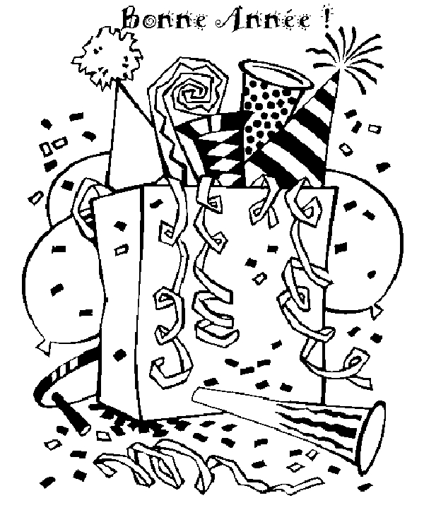Coloriage d'une scène de célébration du Nouvel An avec des éléments festifs