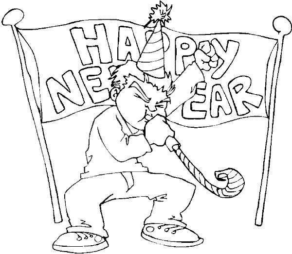 Coloriage d'une scène festive de Nouvel An avec des enfants et des éléments décoratifs