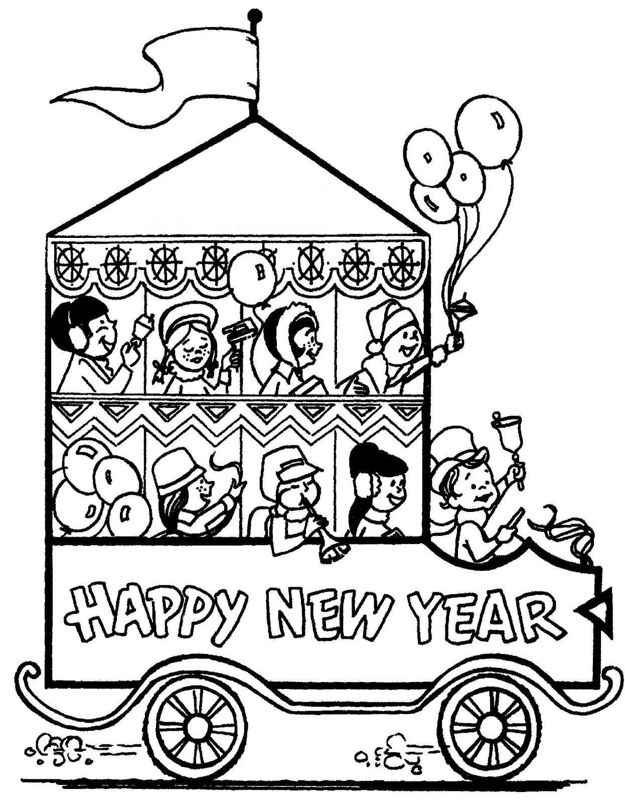 Coloriage d'une célébration du Nouvel An avec des feux d'artifice et des décorations