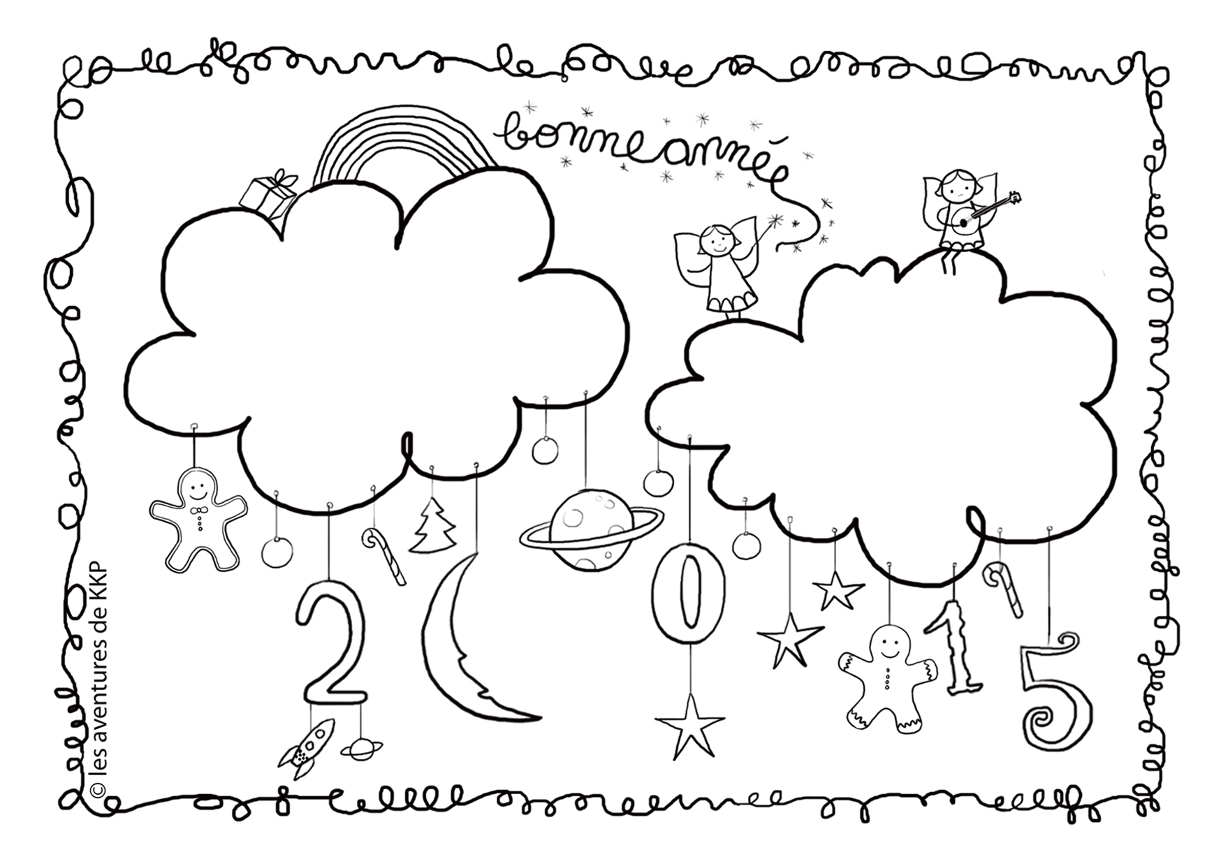 Coloriage d'un nuage souriant avec des éléments de nature environnante
