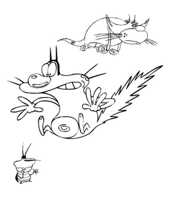 Oggy et les cafards dans une scène humoristique de poursuite