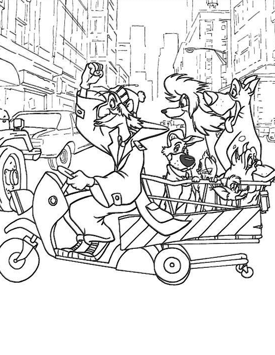 Oliver et ses amis dans une scène animée de la ville