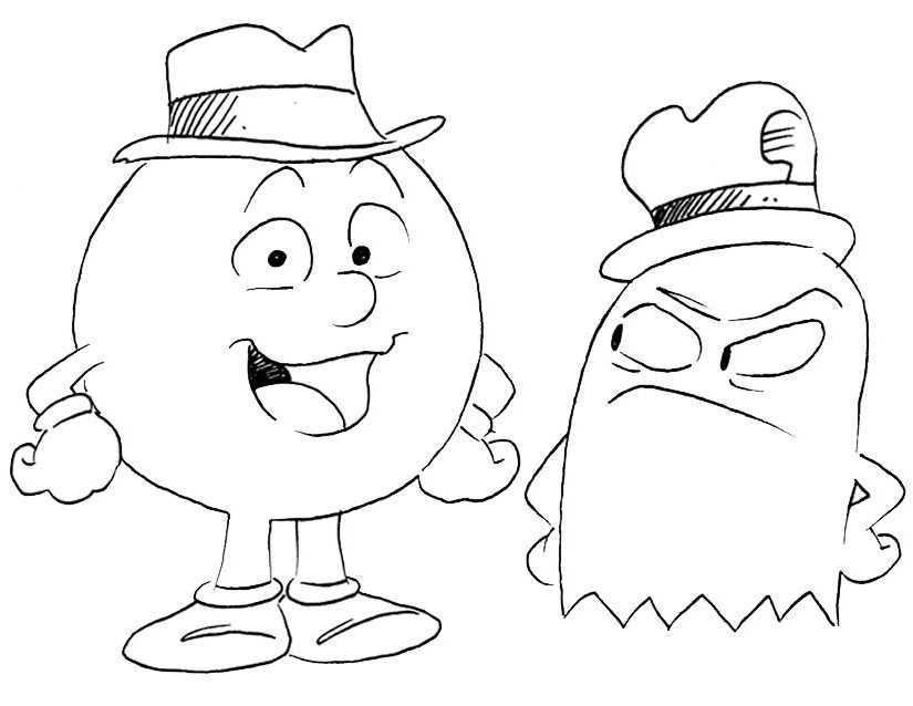 Coloriage de Pac-Man avec ses fantômes dans un labyrinthe