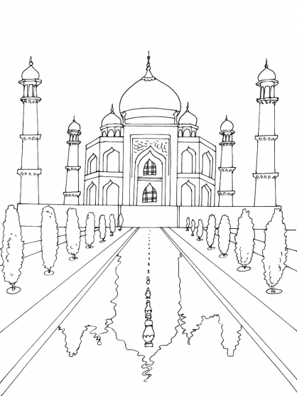 Coloriage d'un palais majestueux entouré de jardins