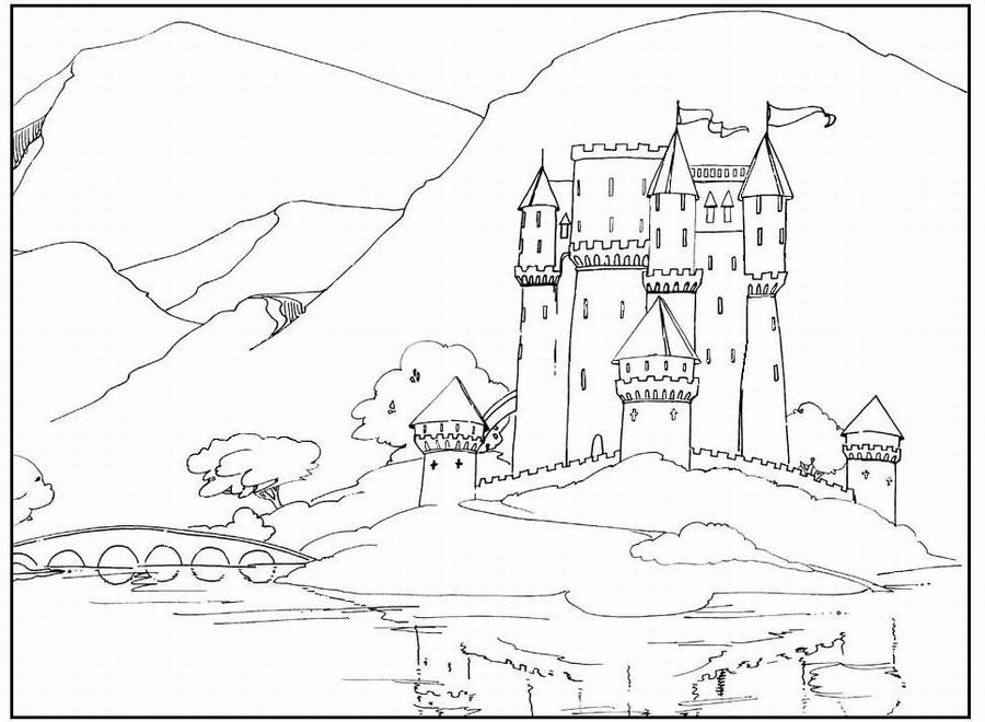 Coloriage d'un palais majestueux entouré de détails architecturaux