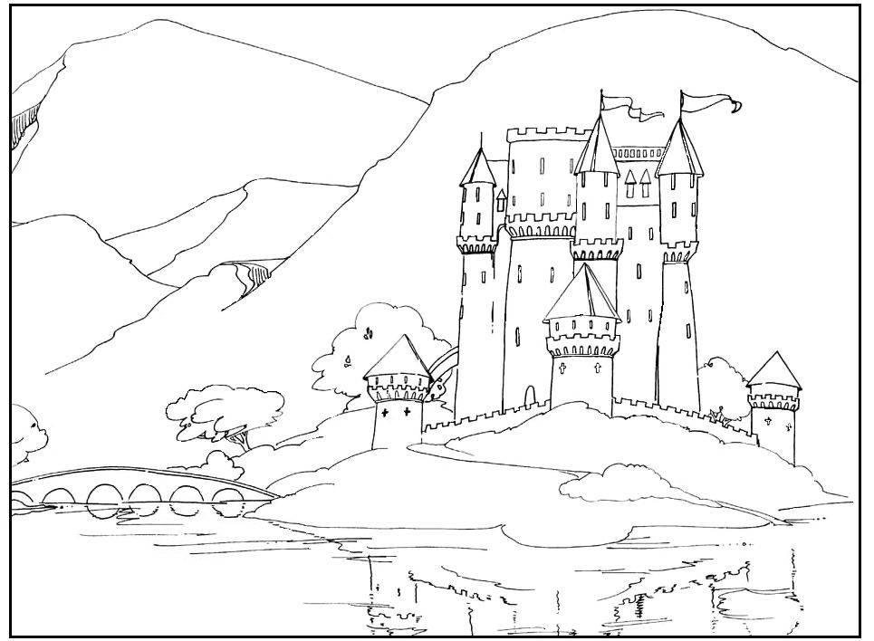 Coloriage d'un palais majestueux entouré de jardins luxuriants