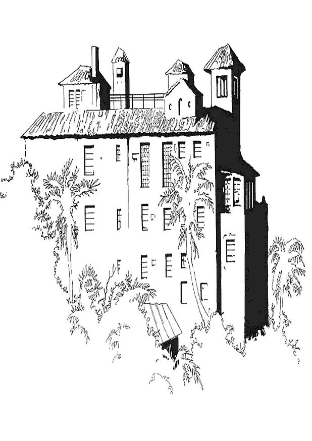 Coloriage d'un palais avec des tours et des détails architecturaux