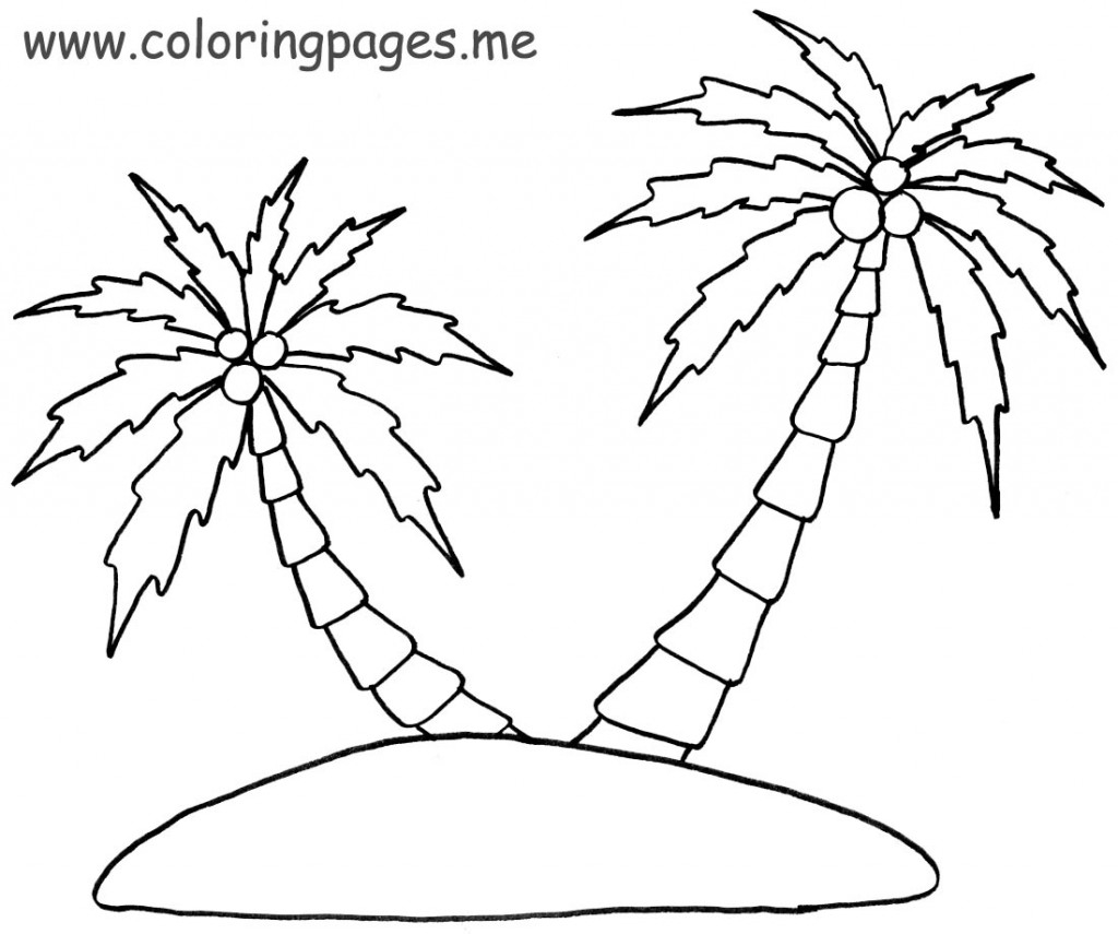 Coloriage d'un palmier en bord de mer avec un soleil radieux