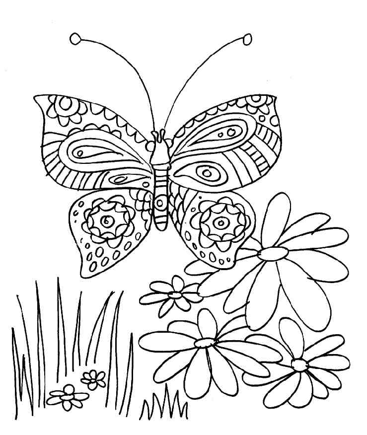 Coloriage d'un papillon détaillé sur fond floral
