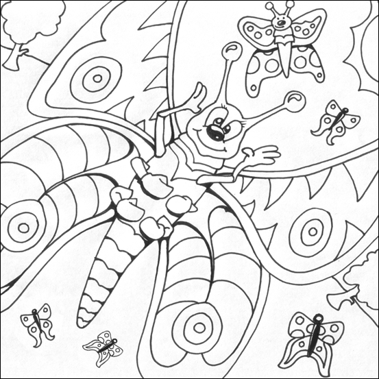 Coloriage d'un papillon stylisé sur fond orné de motifs floraux