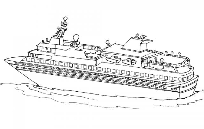 Coloriage d'un paquebot de croisière en mer avec des éléments marins