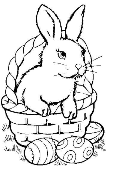 Coloriage de Pâques avec un lapin et des œufs décorés dans un jardin