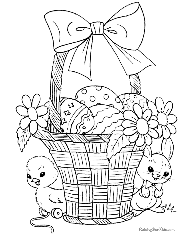 Un coloriage de Pâques avec un lapin et des œufs décorés dans un jardin