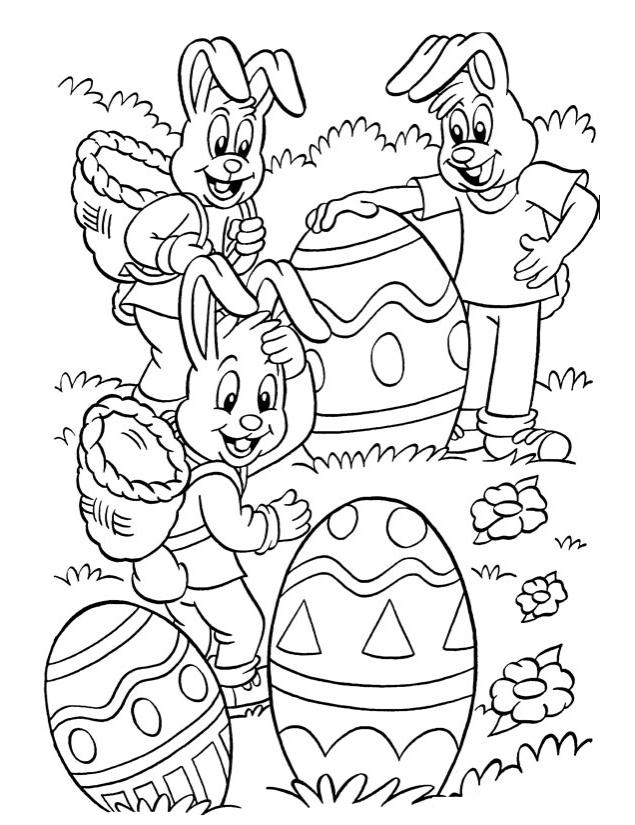 Un coloriage de Pâques avec un lapin et des œufs décorés dans un jardin
