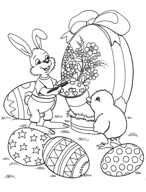 Scène de Pâques avec un lapin et des œufs colorés dans un jardin