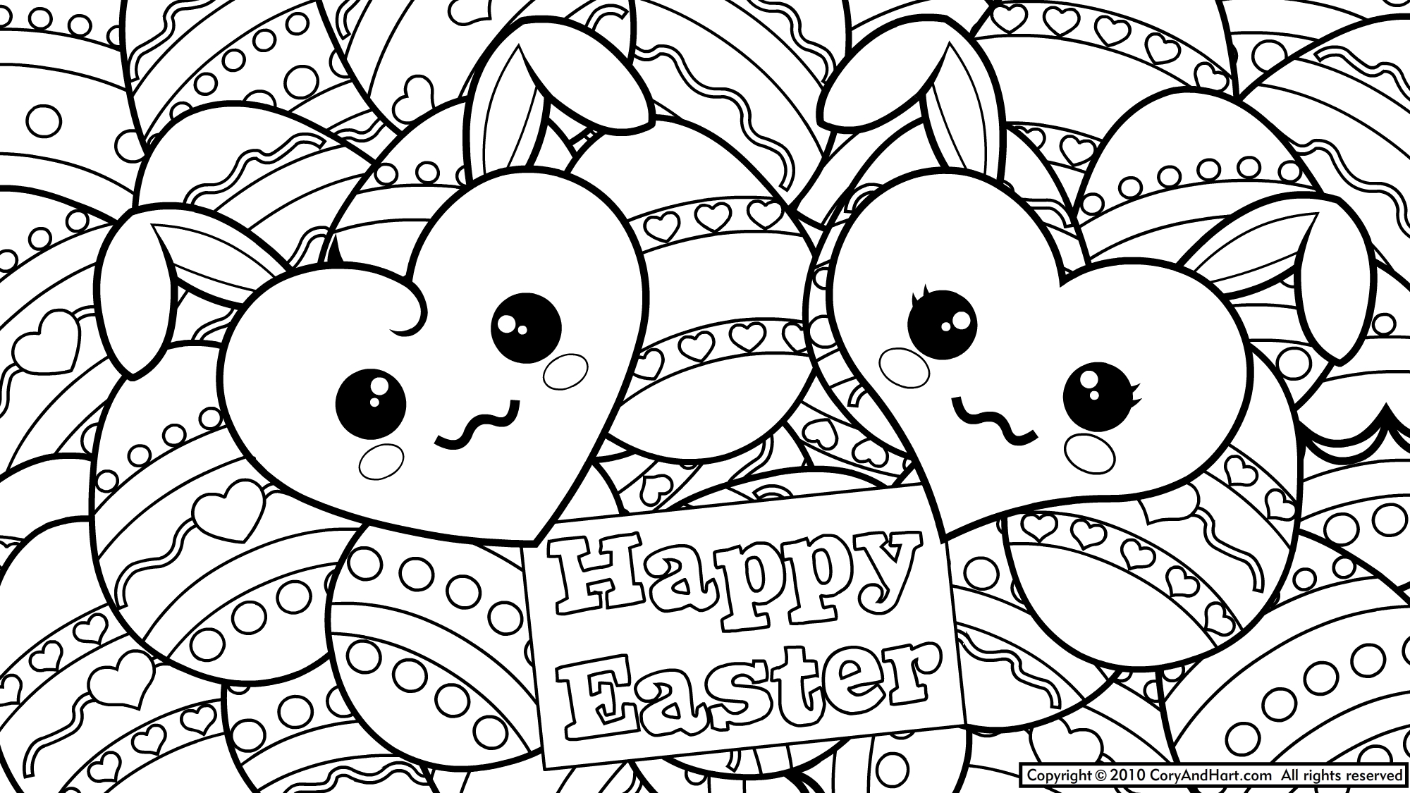 Coloriage d'un lapin de Pâques entouré d'œufs décorés dans un jardin