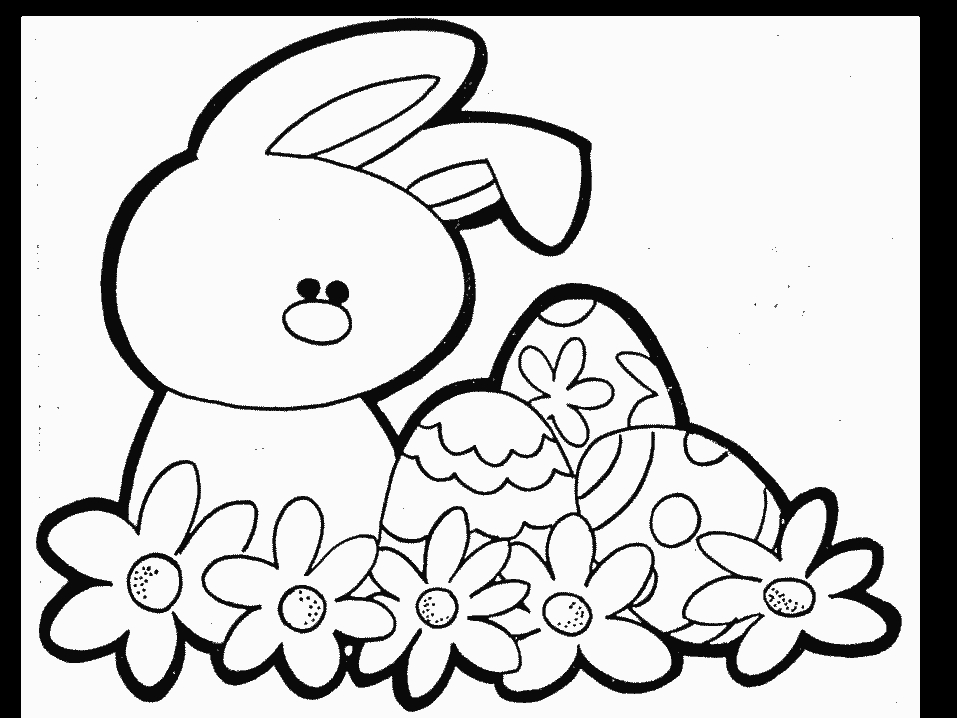 Coloriage de Pâques avec un lapin et des œufs décorés dans un jardin