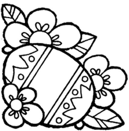 Un coloriage de Pâques avec un lapin et des œufs décorés dans un jardin
