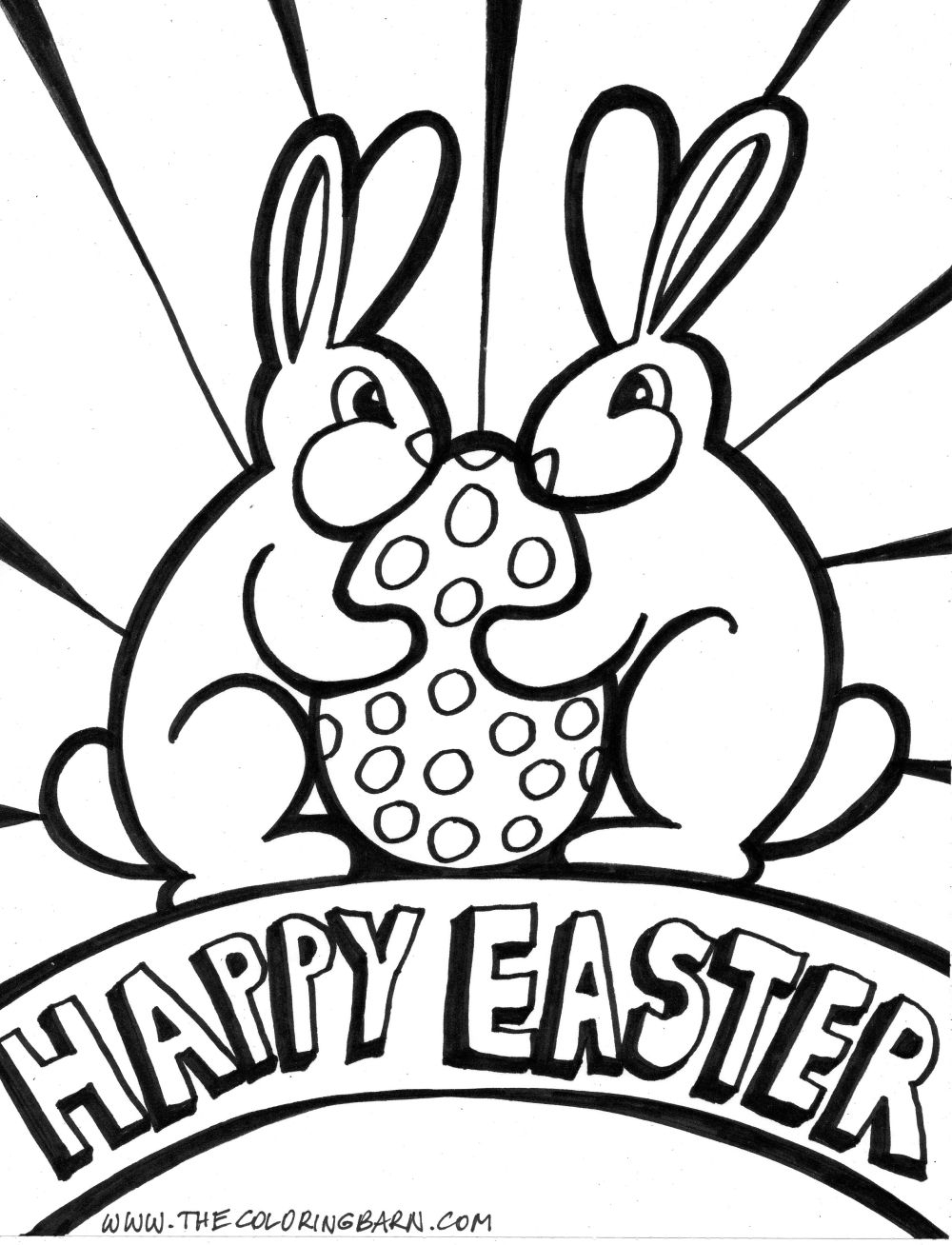 Coloriage de Pâques avec un lapin et des œufs décorés dans un jardin