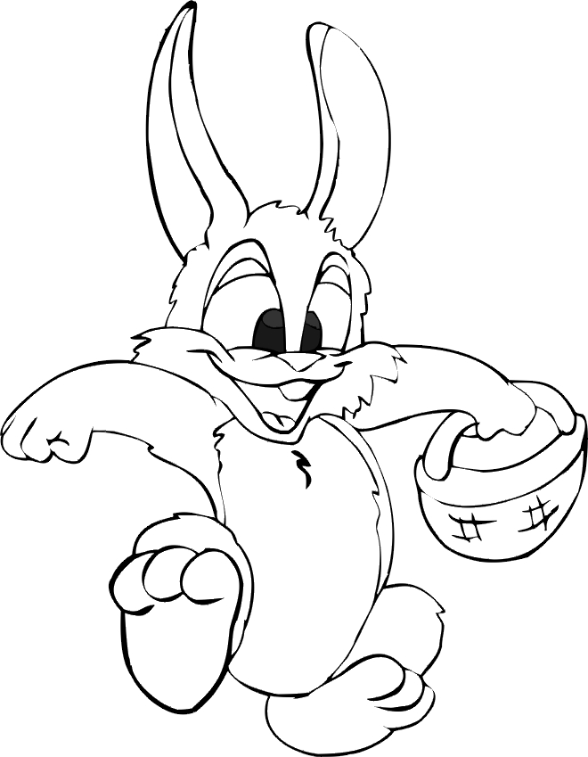 Coloriage de Pâques avec un lapin et des œufs décorés dans un jardin