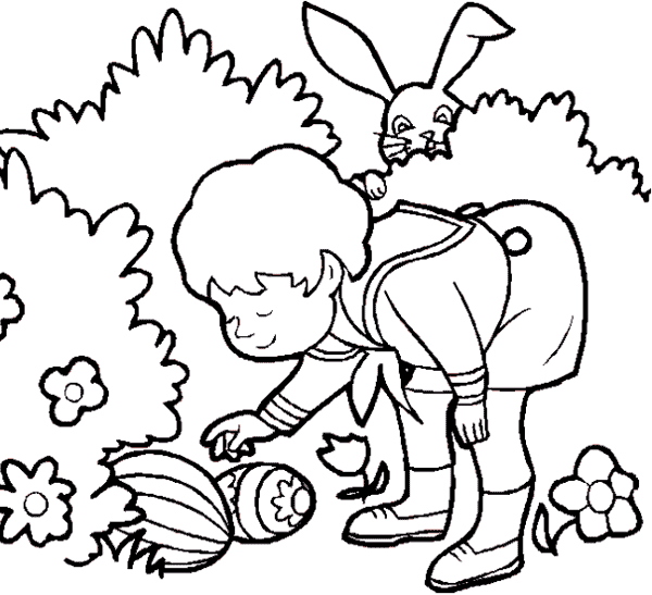 Coloriage de Pâques avec un lapin et des œufs décorés dans un jardin