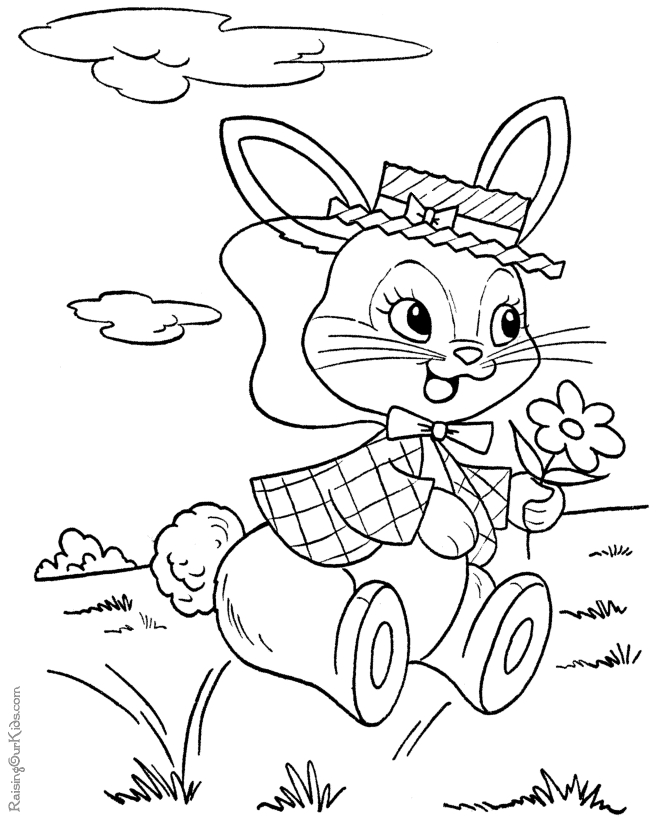 Coloriage de Pâques avec un lapin portant un panier et des œufs colorés