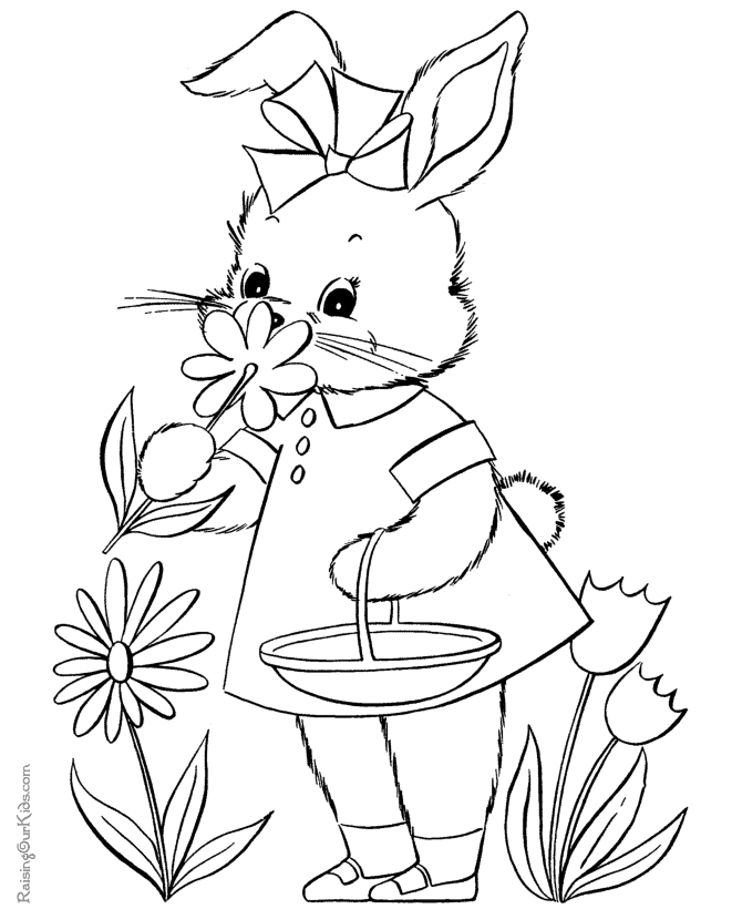 Coloriage d'un lapin de Pâques entouré d'œufs décorés dans un paysage printanier