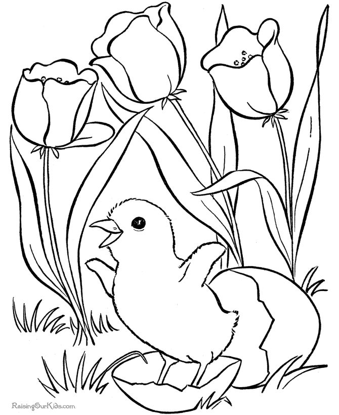 Un coloriage de Pâques avec un lapin et des œufs dans un jardin
