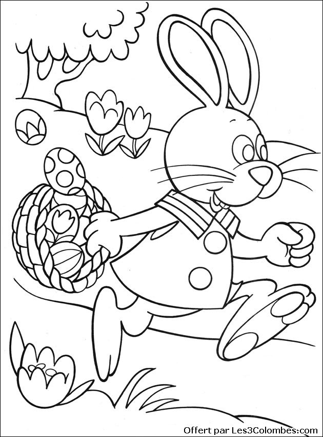 Coloriage de Pâques avec un lapin et des œufs décorés dans un jardin