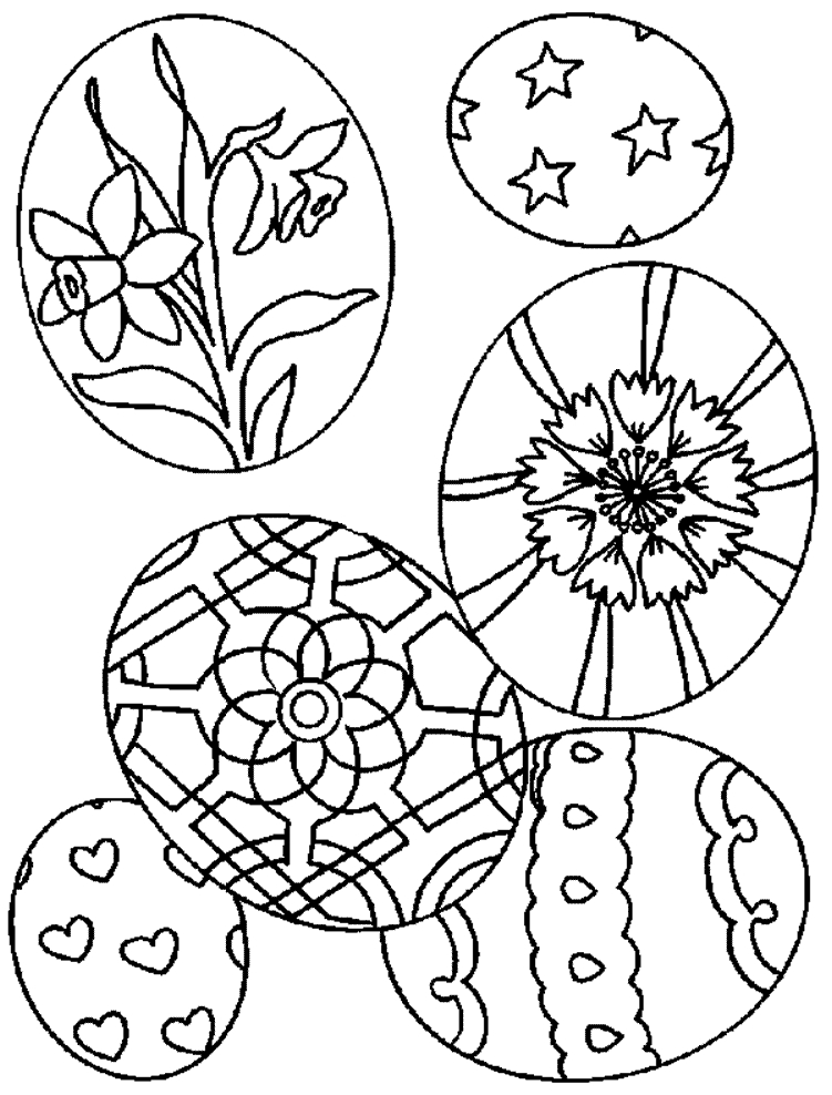 Coloriage d'un lapin de Pâques entouré d'œufs colorés et de fleurs