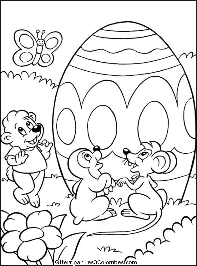 Coloriage de Pâques avec un lapin et des œufs décorés dans un jardin